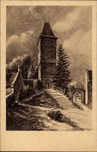 Künstler Ak Gesling, W., Nieder Beerbach Mühltal im Odenwald, Burg Frankenstein