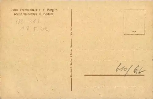 Künstler Ak Gesling, W., Nieder Beerbach Mühltal im Odenwald, Burg Frankenstein