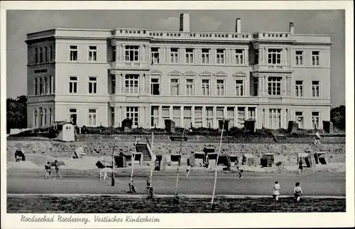 Ak Norderney in Ostfriesland, Blick auf das Vestische Kinderheim, Strandpartie