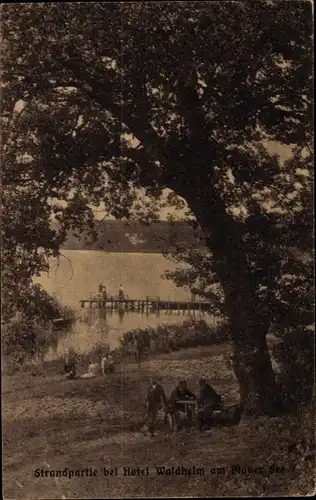 Ak Plau am See Mecklenburg, Strandpartie bei Hotel Waldheim am Plauer See