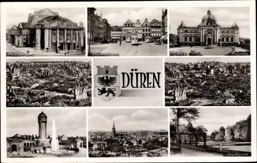 Ak Düren im Rheinland, Stadttheater, Marktplatz, Museum, zerstörte Stadt, Wasserturm, Markt, Wappen
