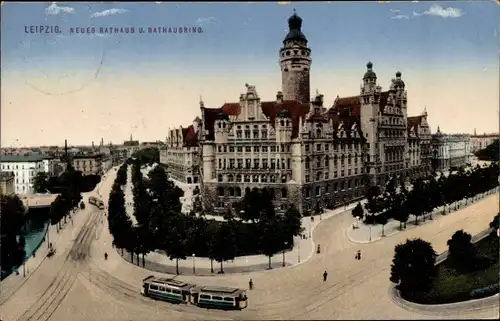 Ak Leipzig in Sachsen, Neues Rathaus und Rathausring, Straßenbahn