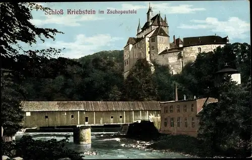 Ak Kriebstein in Sachsen, Schloss, Panorama, Flusspartie, Holzbrücke