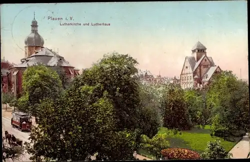 Ak Plauen im Vogtland, Lutherkirche und Lutherhaus