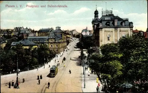 Ak Plauen im Vogtland, Postplatz und Bahnhofstraße