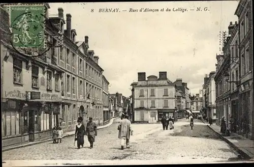 Ak Bernay Eure, Rues d'Alencon et du Collège