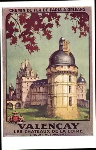 Künstler Ak Valencay Indre, Le Chateau, Chemin de fer de Paris a Orleans, Circuit Automobile, Wappen