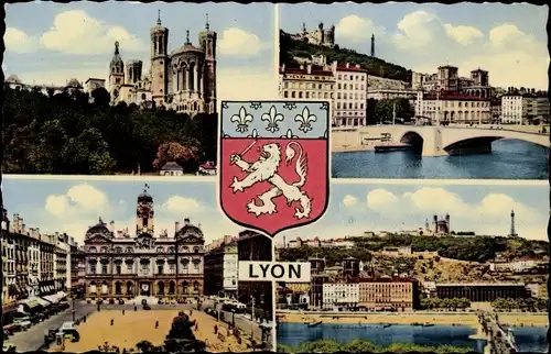 Wappen Ak Lyon Rhône, Pont Tilsit, Basilique N. D. de Fouvriere, Place des Terreaux, Colline