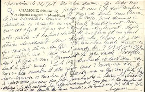 Ak Chamonix Mont Blanc Haute Savoie, vue générale et le massif du Mont Blanc