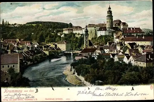 Ak Český Krumlov Böhmisch Krumau Krummau Südböhmen, Stadtansicht, Fluss, Brücke