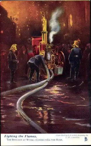 Künstler Ak Lancelles, Fighting the Flames, Brigade at work, connecting the hose, Feuerwehr