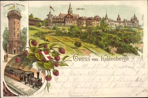 Litho Wien 19 Döbling Österreich, Kahlenberg, Hotel, Aussichtsturm, Bergbahn