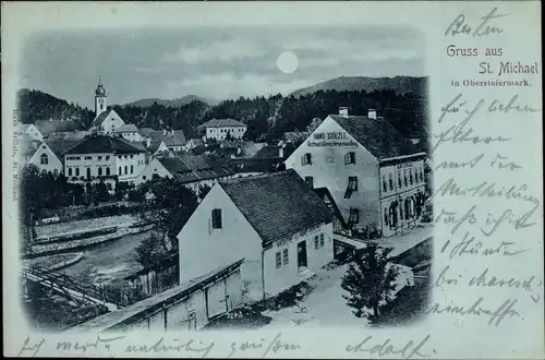 Mondschein Ak Sankt Michael in Obersteiermark, Gasthaus, Geschäftshaus Hans Stölzle, Kirche