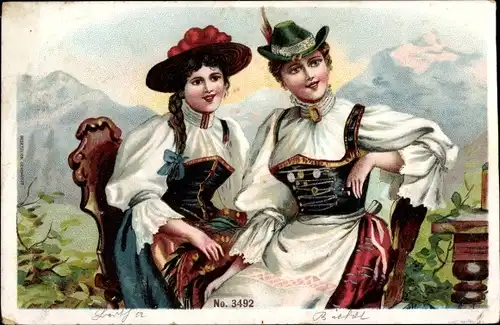 Litho Frauen in bayrischen Trachten, Dirndl