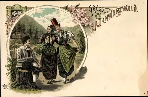 Litho Gruß aus dem Schwarzwald, Frauen und Mann in Trachten