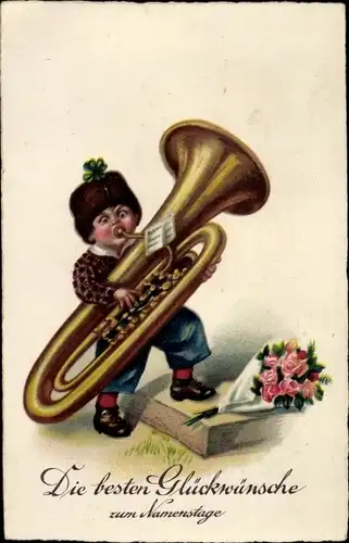 Ak Glückwunsch Namenstag, Kind mit Tuba, Rosenstrauß