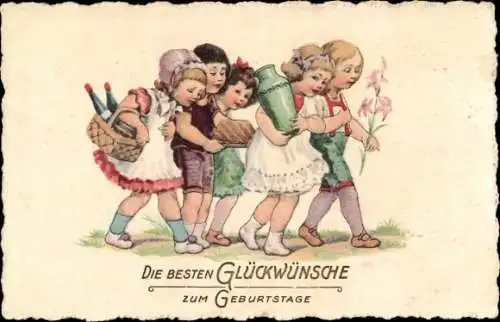 Ak Die besten Glückwünsche zum Geburtstage, Kinder mit Blumen, Kuchen