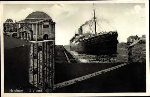 Ak Hamburg Steinwerder, Elbtunnel, Dampfer, Fahrstuhl