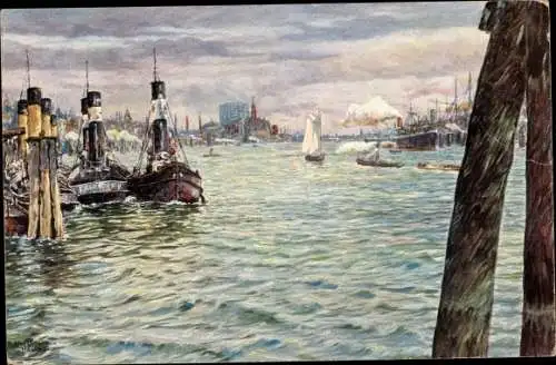Künstler Ak Hamburg Mitte St. Pauli, M. Ullmann, Hamburger Hafen von den Landungsbrücken