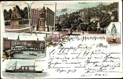 Litho Hamburg Altona Blankenese, Panorama, Dampfer Fürst Bismarck, Alsterarkaden, Helgoländer
