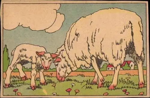 Künstler Ak Schaf mit Lamm auf der Weide