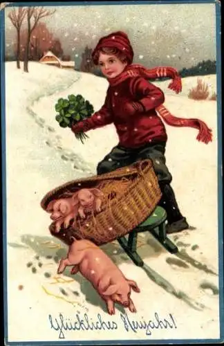Ak Glückliches Neujahr Kind mit Schlitten, Kleeblätter, Schweine