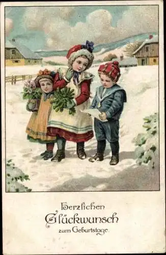 Ak Herzlichen Glückwunsch zum Geburtstage, drei Kinder im Schnee