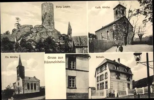 Ak Rümmelsheim Rheinland Pfalz, Burg Layen, katholische und evangelische Kirche, Schule