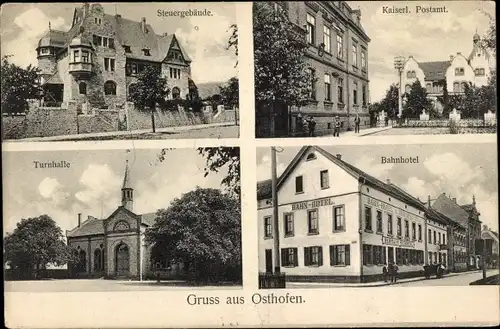 Ak Osthofen in Rheinhessen, Steuergebäude, Turnhalle, Bahnhotel, Postamt