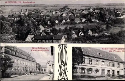 Ak Guntersblum am Rhein, Kleinkinderschule, Kölner Konsumgeschäft, altes Schloss, Totalansicht