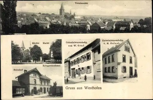 Ak Westhofen in Rheinland Pfalz, Kolonialwarenhandlungen, Bahnhof, Kriegerdenkmal, Kirche, Markt