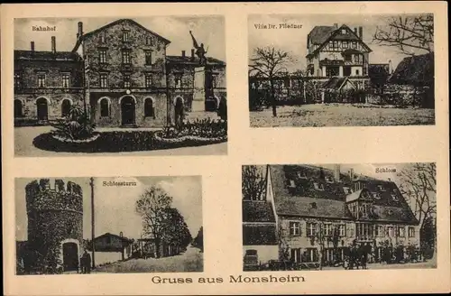 Ak Monsheim in Rheinhessen, Bahnhof, Villa Dr. Fliednerr, Schloss, Schlossturm