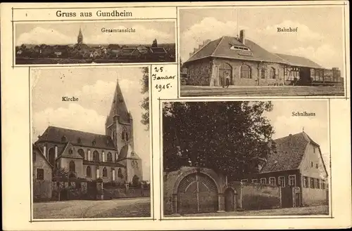 Ak Gundheim in Rheinhessen, Bahnhof, Gleisseite, Schulhaus, Kirche, Totalansicht