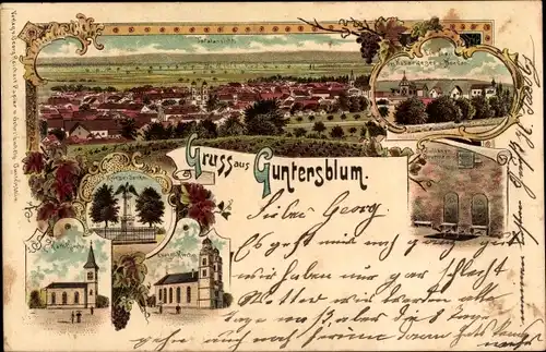 Litho Guntersblum am Rhein, Evangelische und kath. Kirche, Kriegerdenkmal, Brunnen, Totalansicht