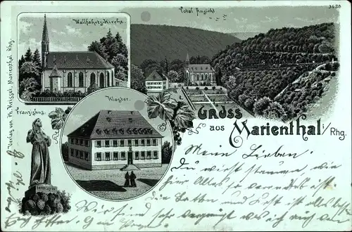 Mondschein Litho Marienthal Geisenheim am Rhein Hessen, Wallfahrtskirche, Kloster, Franziskus