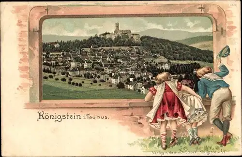 Passepartout Litho Königstein im Taunus, Totalansicht der Ortschaft, Burg, Kinder