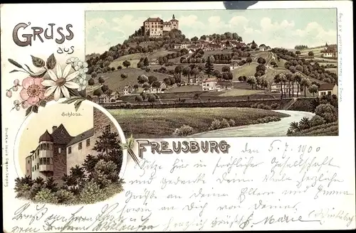 Litho Freusburg Kirchen an der Sieg, Gesamtansicht und Schloss