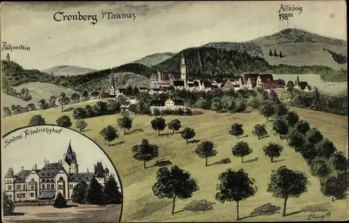 Künstler Ak Kronberg im Taunus, Schloss Friedrichshof, Altkönig, Falkenstein, Totalansicht