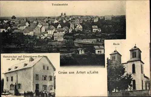 Ak Arfurt Runkel an der Lahn, Kirche, Gastwirtschaft und Kolonialwarenhandlung, Totalansicht