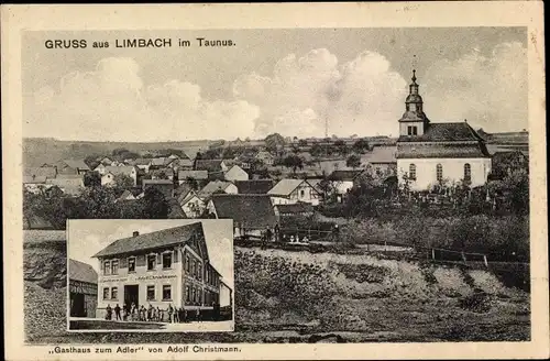 Ak Limbach Hünstetten im Taunus Hessen, Gasthaus zum Adler, Kirche, Blick auf den Ort