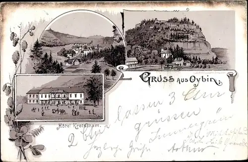 Litho Oybin, Hotel Kretscham, Blick auf den Ort mit Berg