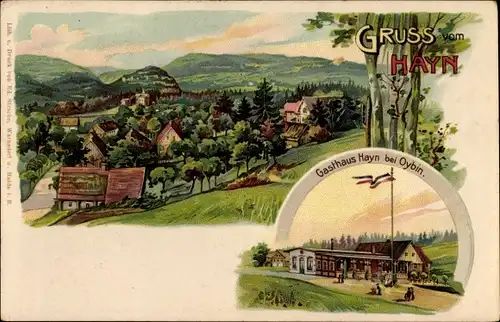 Litho Hain Hayn Oybin Oberlausitz, Gasthaus Hayn, Ortsansicht