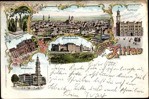 Litho Zittau in der Oberlausitz, Rathaus, Mandaukaserne, Postamt, Johanneum, Denkmal