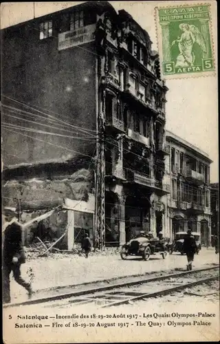 Ak Saloniki Thessaloniki Griechenland, Incendie en 1917, Les Quais, Olympos Palace