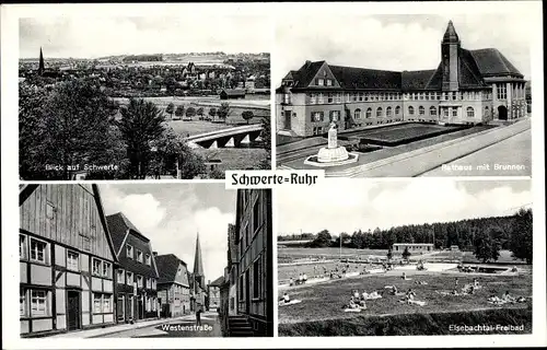 Ak Schwerte an der Ruhr, Totale, Rathaus, Brunnen, Freibad, Westenstraße