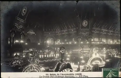 Ak Paris VIII, Grand Palais, Salon de l'Automobile 1908, Grande Nef, Eclairage électrique