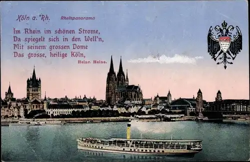 Ak Köln am Rhein, Rheinpanorama, Salondampfer, Wappen, Dom