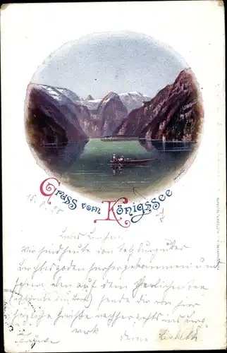 Künstler Ak Schönau am Königssee, Boot auf dem See mit Berglandschaft