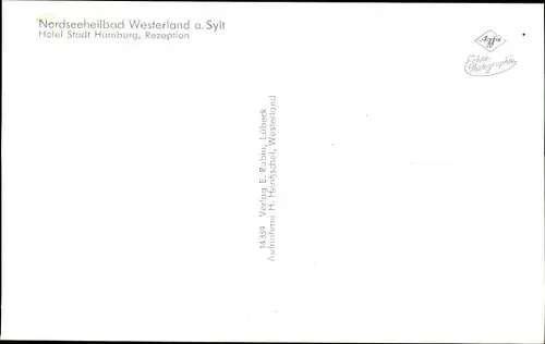 Ak Westerland auf Sylt, Hotel Stadt Hamburg, Rezeption