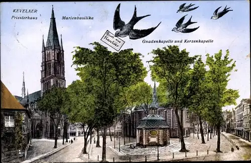 Ak Kevelaer am Niederrhein, Gnadenkapelle, Priesterhaus, Marienbasilika, Straßenpartie